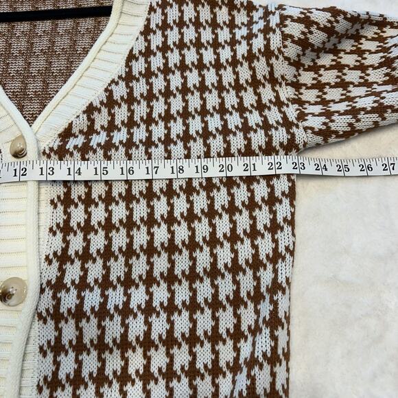 SHEIN Women’s Houndstooth V-Neck Button Down Cardigan Sweater Brown/Cream Size L - Picture 5 of 8